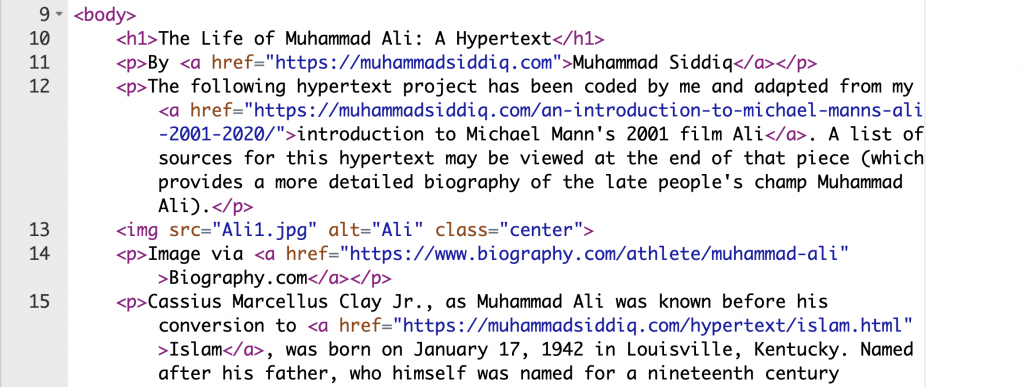 An image of html code from my hypertext project on Muhammad Ali