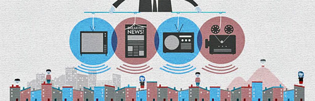 Graphic of multiple media forms transmitting information to a dense city